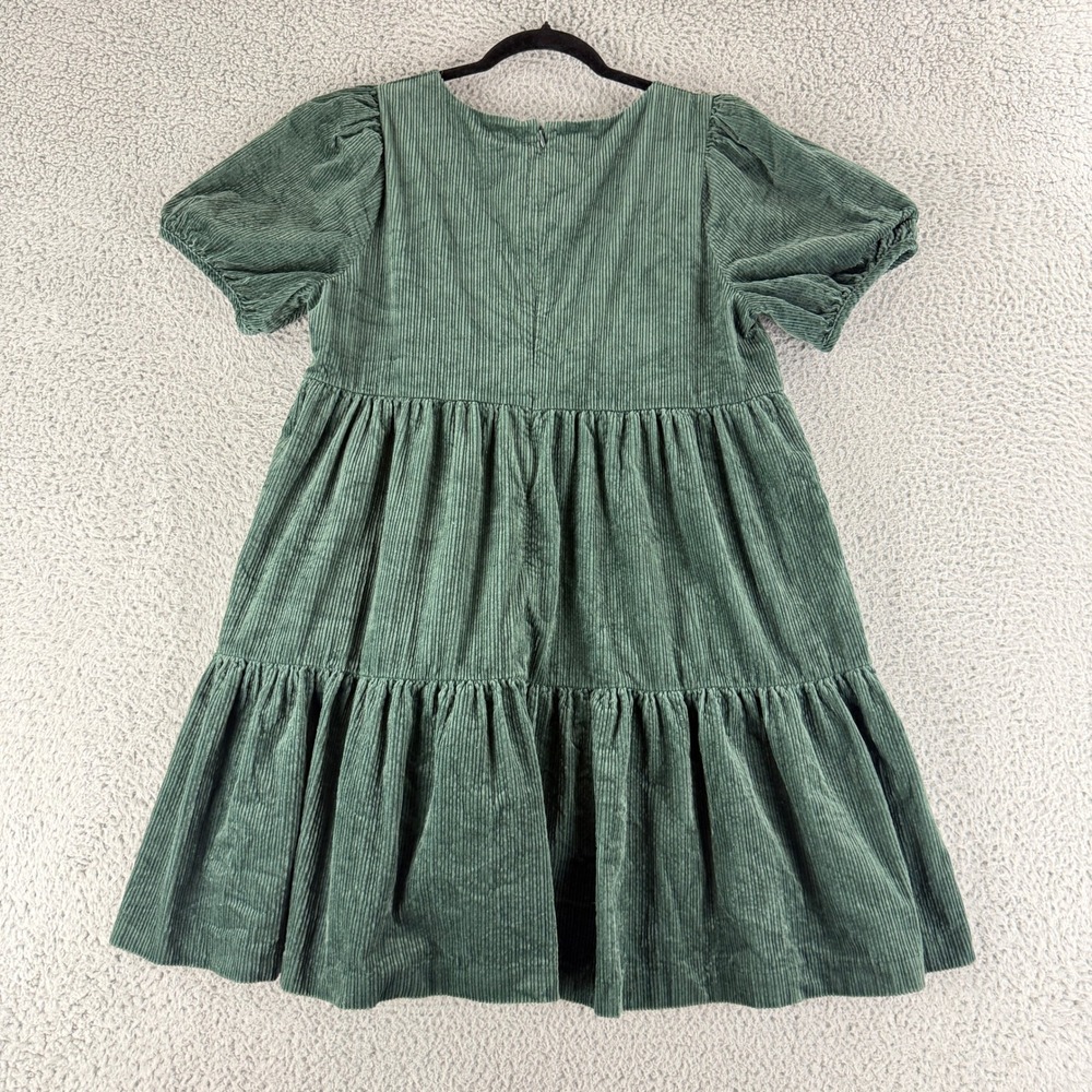 Madewell Corduroy Babydoll Dress Womens 8 Green Puff Sleeve Tiered Mini Boho - Picture 12 of 14